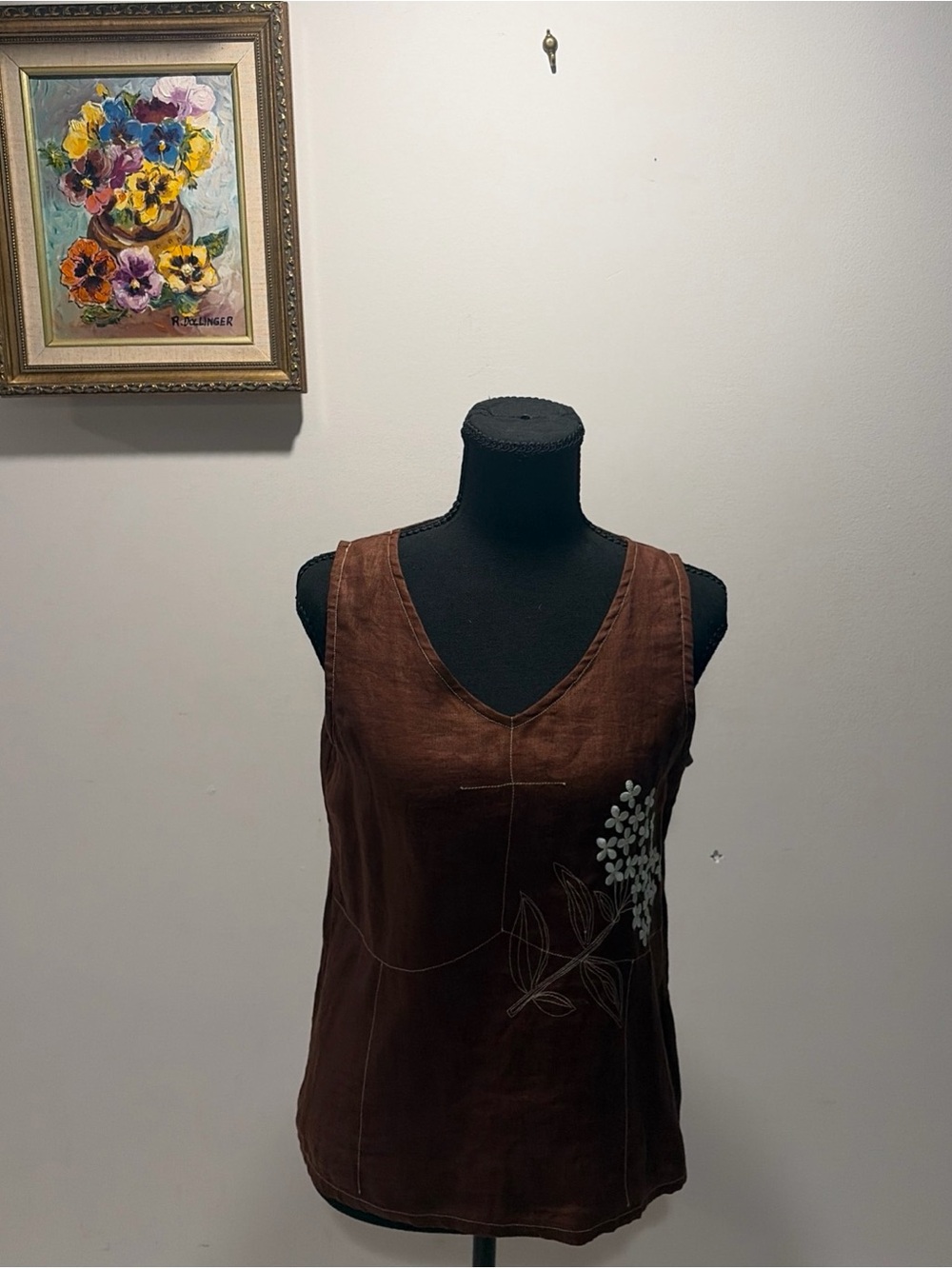 Vintage  Embroidered Top Linen Brown boho Putumayo 90s Summer Floral